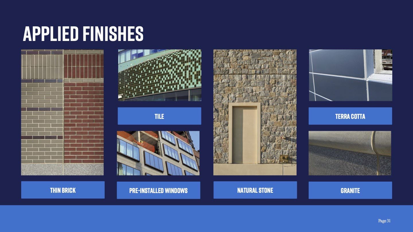Powerpoint photo of different finishes available with architectural precast concrete