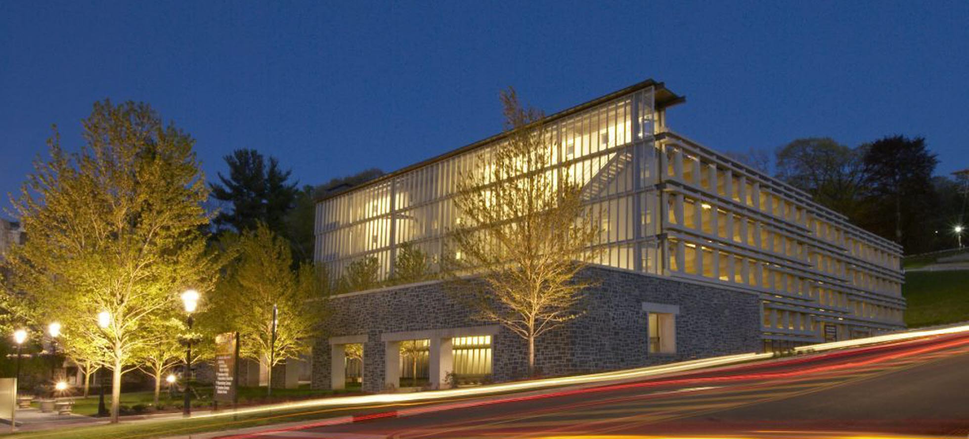 Lehigh University view of garage at night